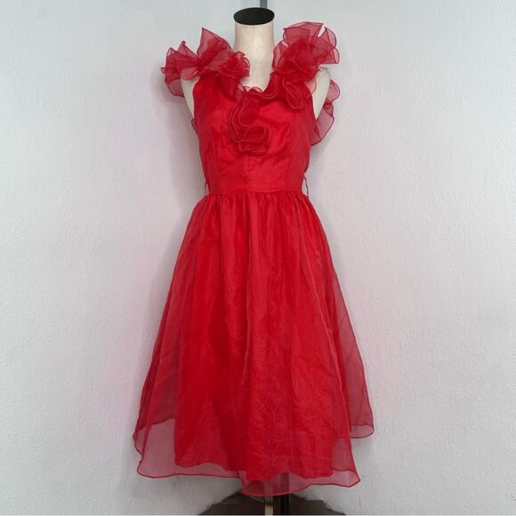 Vintage 80s Red Puffy Ruffle Dress Organza USA Union Made Small - Picture 2 of 14